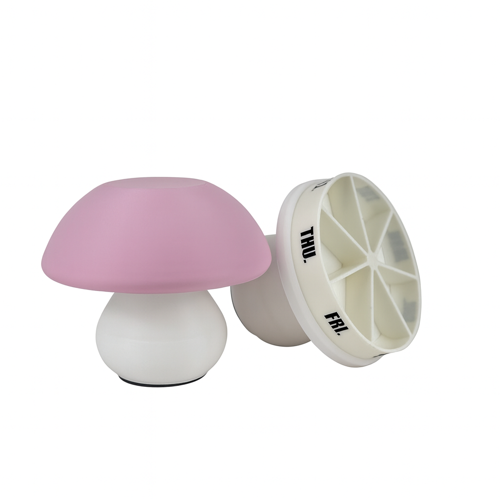 Mushroom Pill Organizer: 7-Day Weekly Vitamin Case with Weighted Base